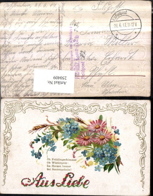 250409,Präge AK Aus Liebe Spruch Blumenstrauß Blumen Vergissmeinnicht