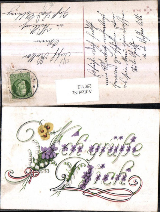 250412,Ich grüße Dich Schriftzug Blumenverzierung Veilchen Märzenbecher Schleife Patriotik