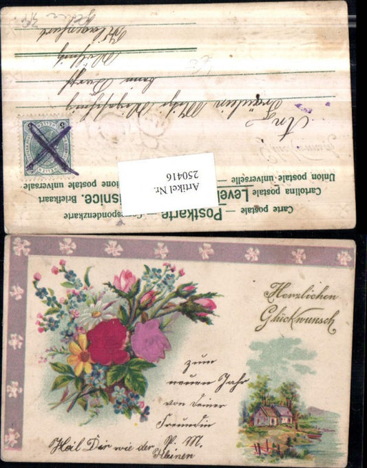250416, Embosser Lithograph Postcard Landscape Bouquet of Flowers Roses Forget-me-nots