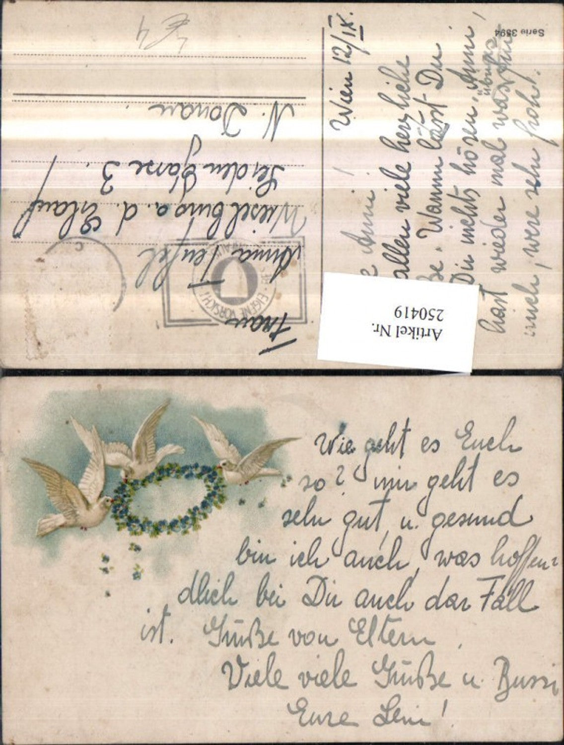 250419, Lithograph AK Doves with flower wreath, forget-me-nots