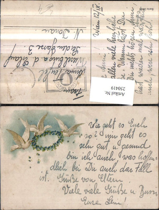 250419, Lithograph AK Doves with flower wreath, forget-me-nots