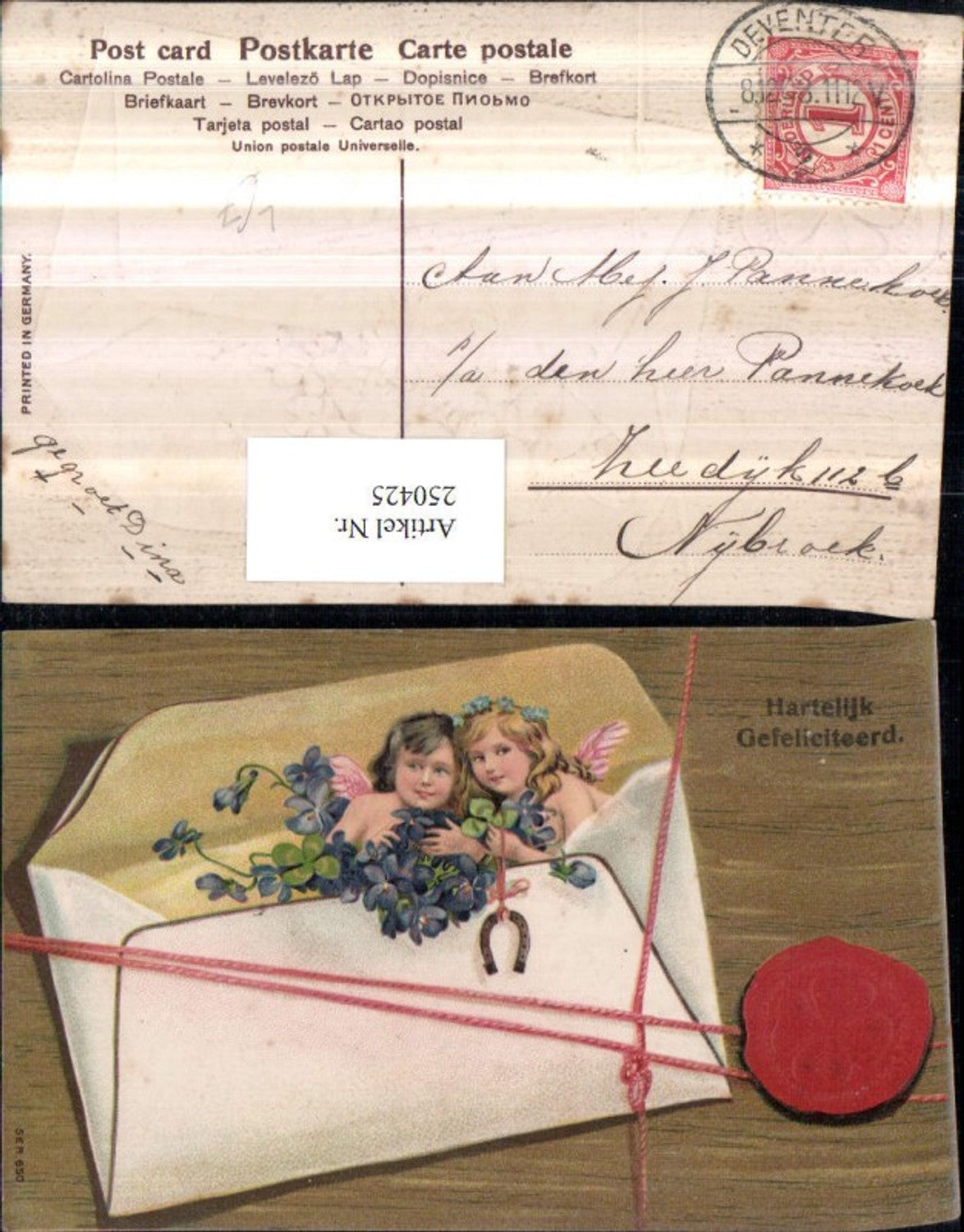 250425, Embossed Lithograph AK Envelope Children Angel Violets Flowers Horseshoe Seal