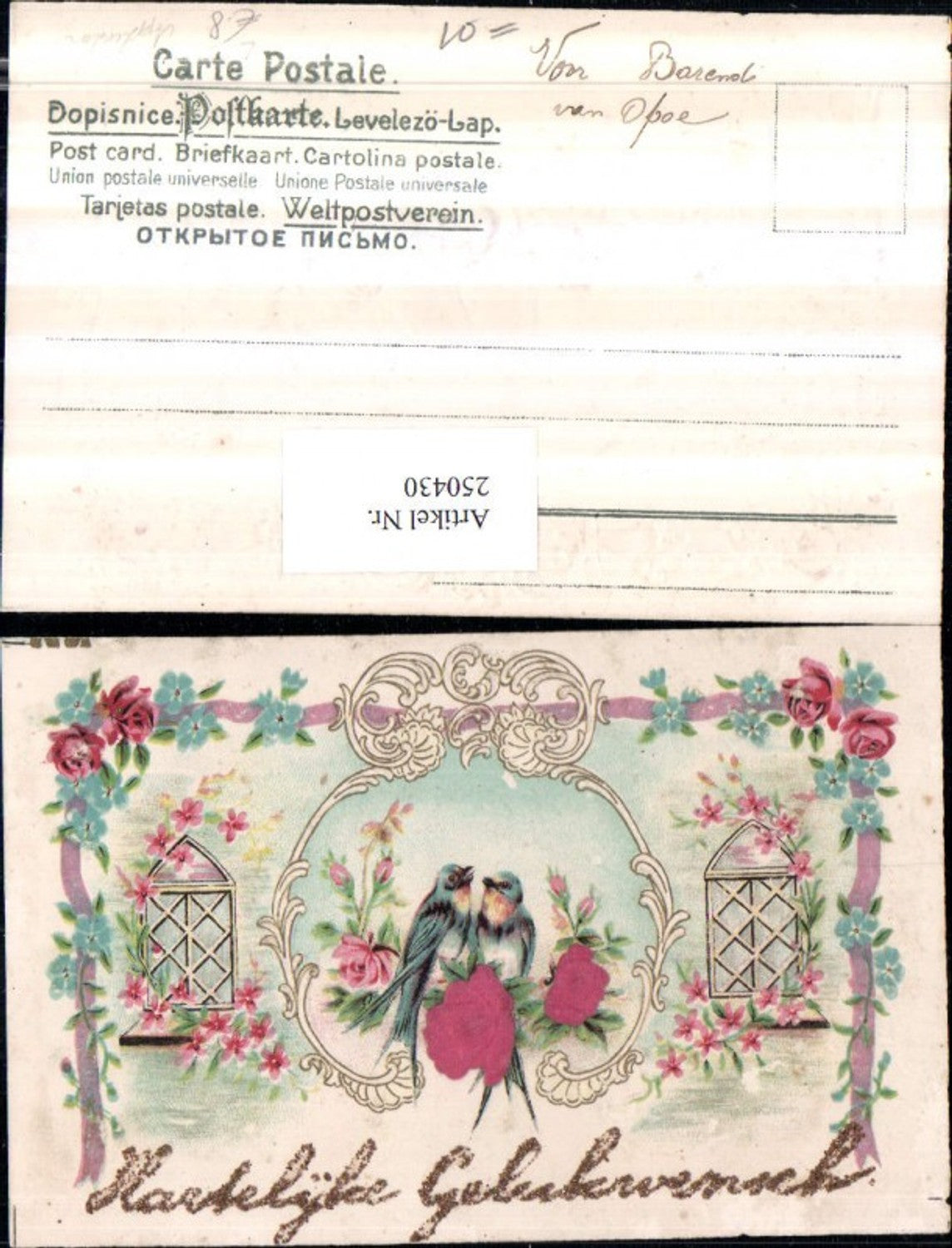 250430, Embosser Lithograph AK Applique Congratulations Birds Swallows Roses Flowers Garland