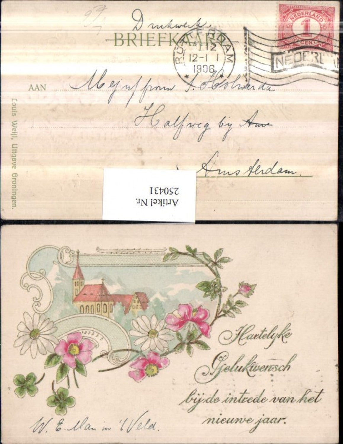 250431, Embosser Lithograph AK Church Passepartout Flowering Branch Blossoms Flowers Pub Louis Weijl Edition Groningen