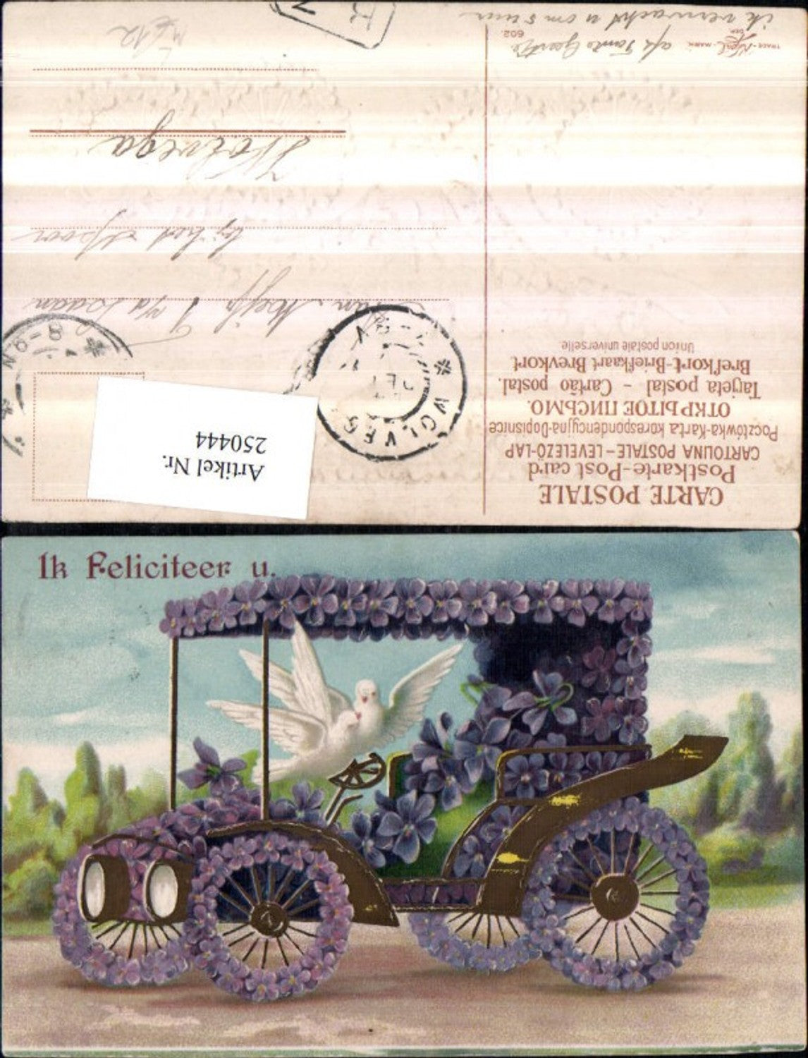 250444,Präge Litho AK Automobil aus Blumen Veilchen Tauben Turteltauben