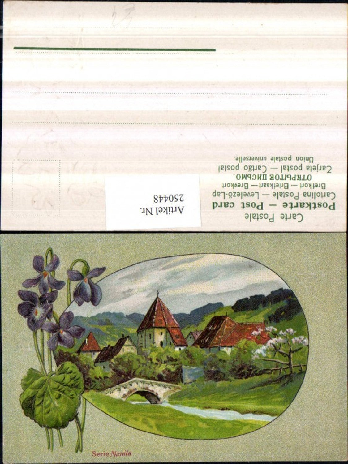 250448,Präge Litho AK Landschaft Dorf Kirche Brücke Passepartout Blumen Veilchen