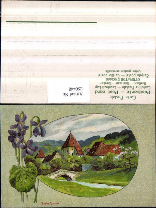 250448,Präge Litho AK Landschaft Dorf Kirche Brücke Passepartout Blumen Veilchen