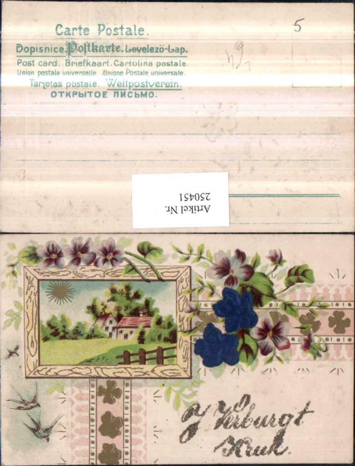 250451,Präge Litho AK Landschaft Sonne Passepartout Blumen Veilchen Kleeblätter Schwalben