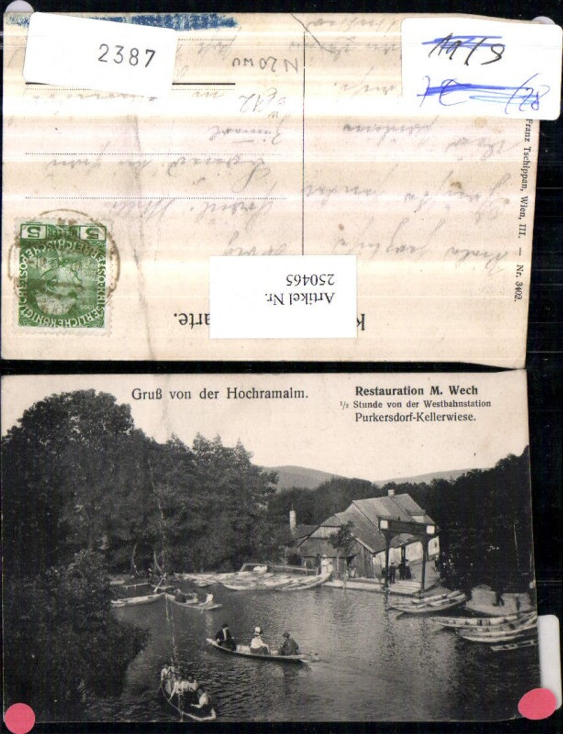 250465,Gruß von d. Hochramalm Restauration M. Wech b. Purkersdorf Kellerwiese