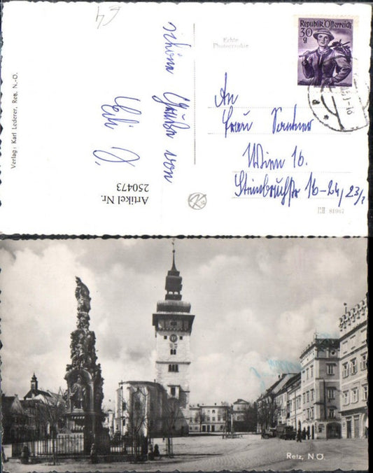 250473,Retz Hauptplatz Pestsäule Säule Rathaus Straßenansicht