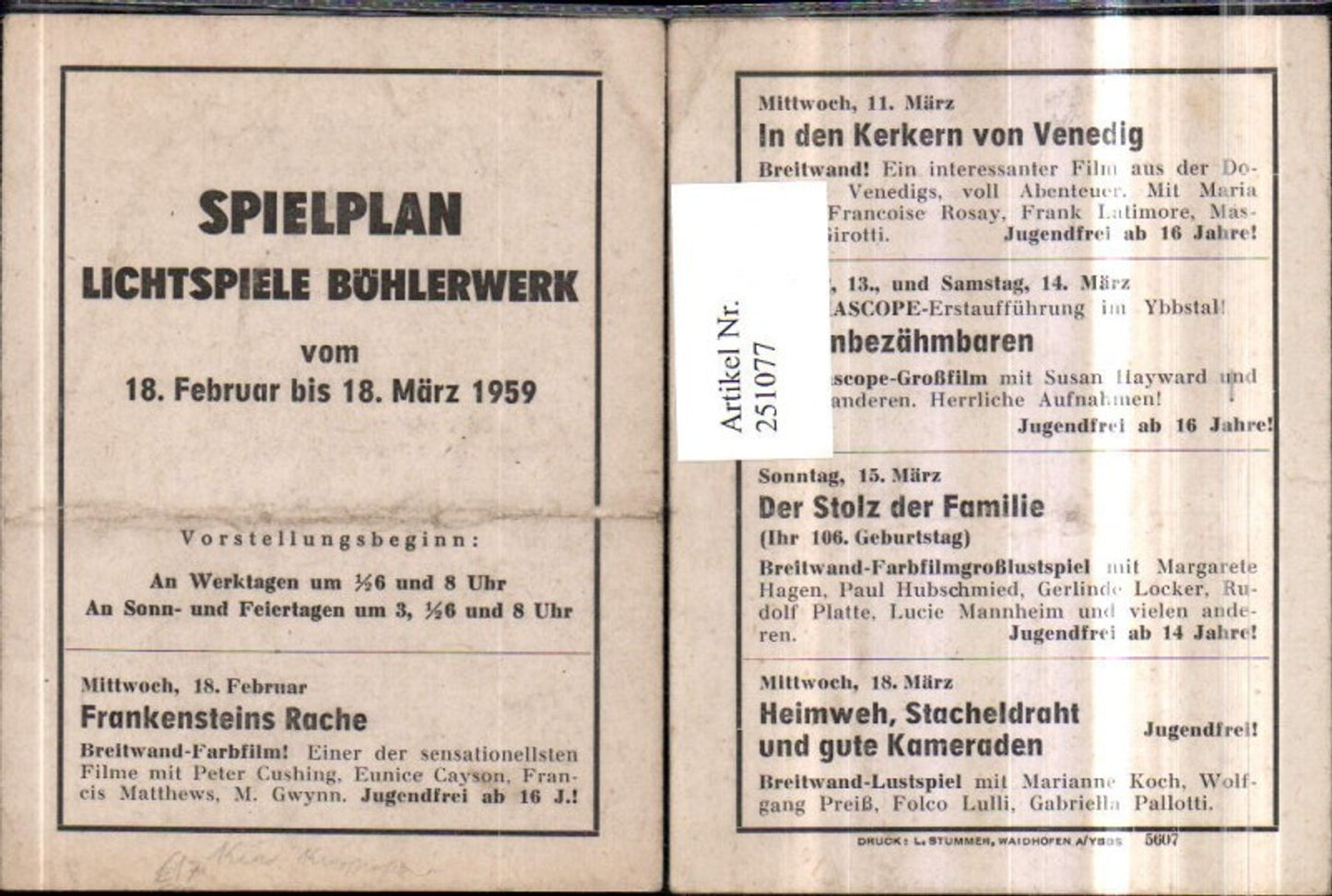 251077,Spielplan Lichtspiele Böhlerwerk v. 18. Februar bis 18. März 1959 Kino Kinoprogramm