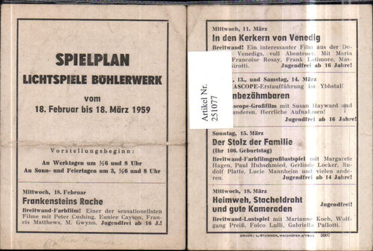 251077,Spielplan Lichtspiele Böhlerwerk v. 18. Februar bis 18. März 1959 Kino Kinoprogramm
