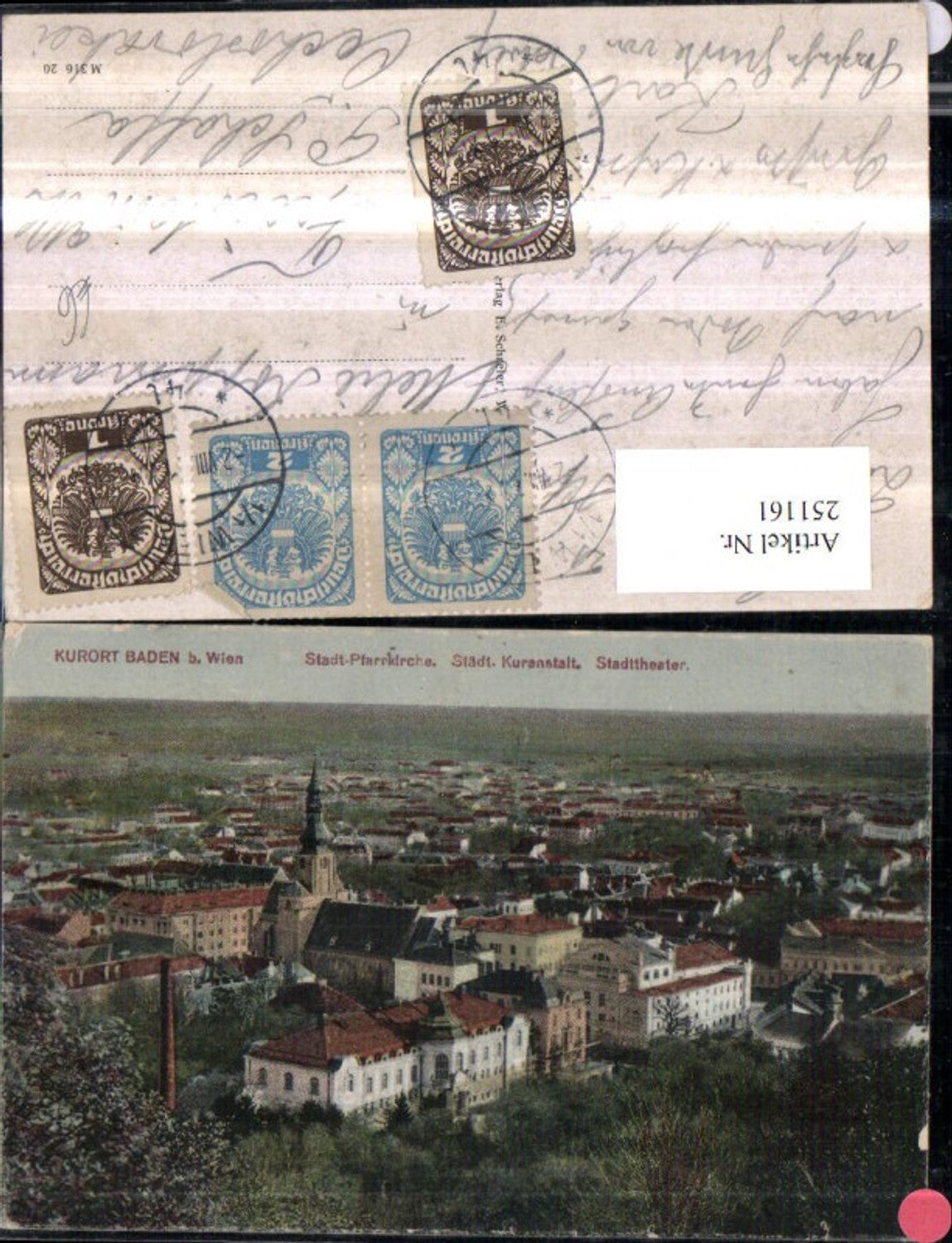 251161,Baden b. Wien Totale m. Stadt-Pfarrkirche Kuranstalt u. Stadttheater