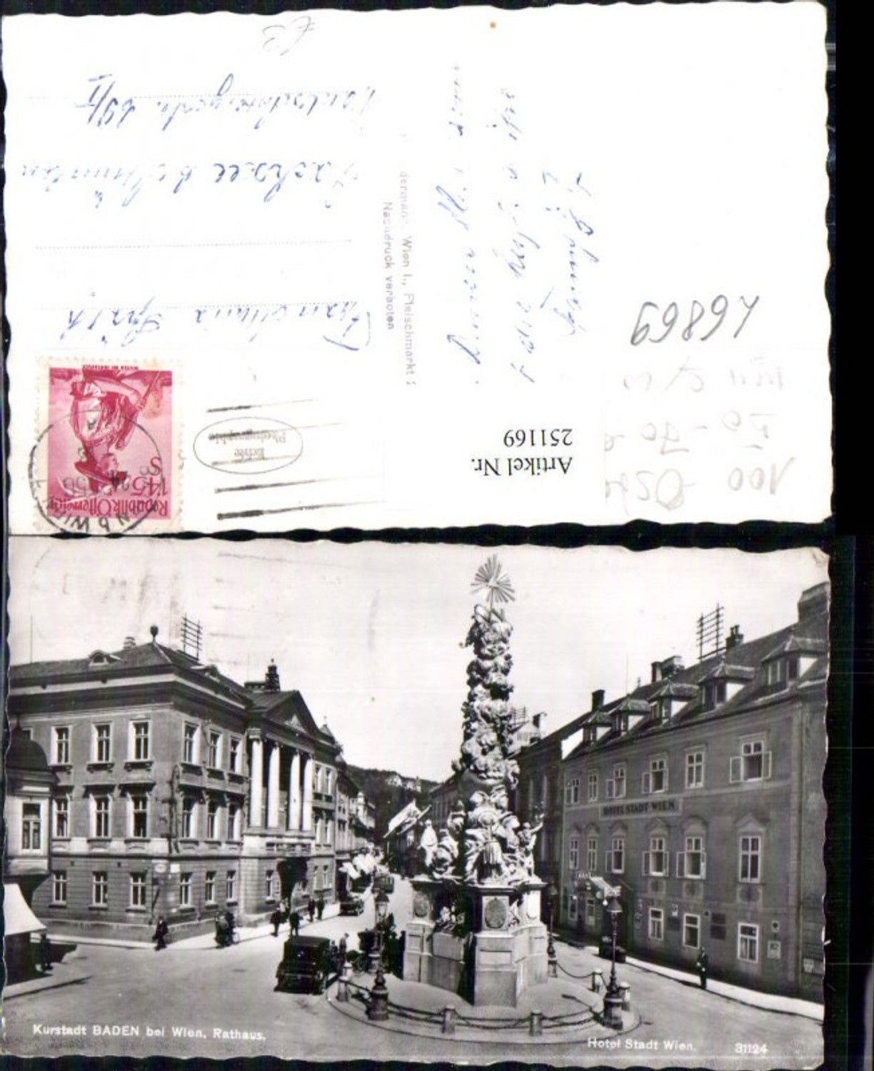 251169,Baden b. Wien Rathaus Hotel Stadt Wien Dreifaltigkeitssäule Pestsäule