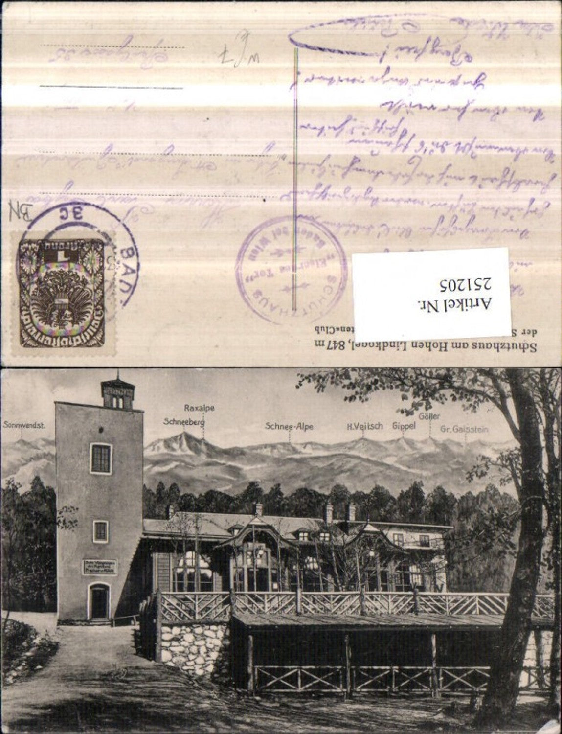 251205,Schutzhaus am Hohen Lindkogel b. Baden Aussichtsturm m. Raxalpe Schneeberg Gippel Göller