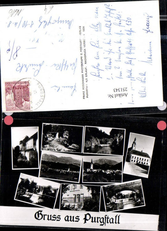 251343,Gruß aus Purgstall Totale Kirche Wehr Brücke Wasserheilanstalt Mehrbildkarte