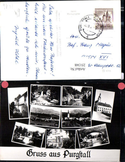 251348,Gruß aus Purgstall Totale Kirche Wehr Brücke Wasserheilanstalt Mehrbildkarte