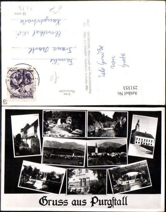 251353,Gruß aus Purgstall Totale Kirche Wehr Brücke Wasserheilanstalt Mehrbildkarte