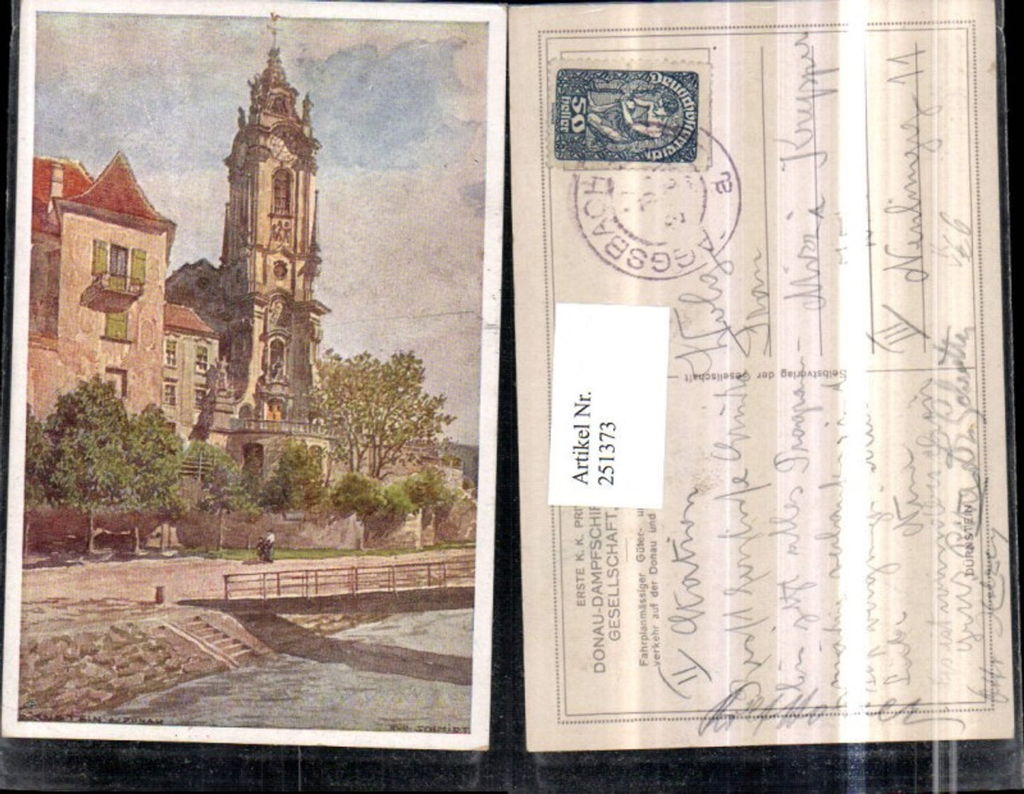 251373,Künstler AK Rudolf Schmidt Dürnstein an d. Donau Kirche pub Donau-Dampfschifffahrts-Gesellschaft Wien