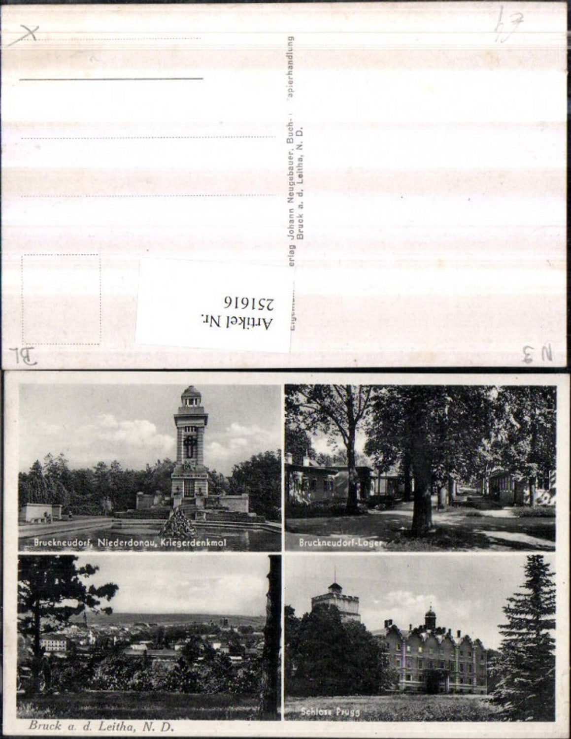 251616, Bruck an der Leitha, overall view of Prugg Castle, Bruckneudorf, camp and war memorial, multi-view postcard