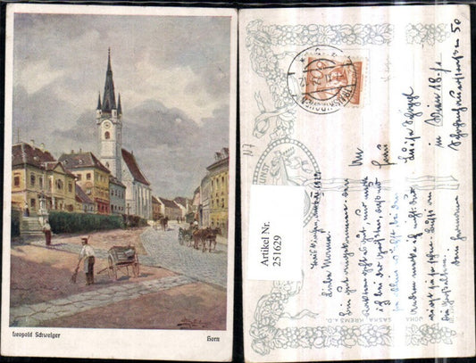 251629,Künstler AK Leopold Schweiger Horn Straßenansicht Kirche Kutschen