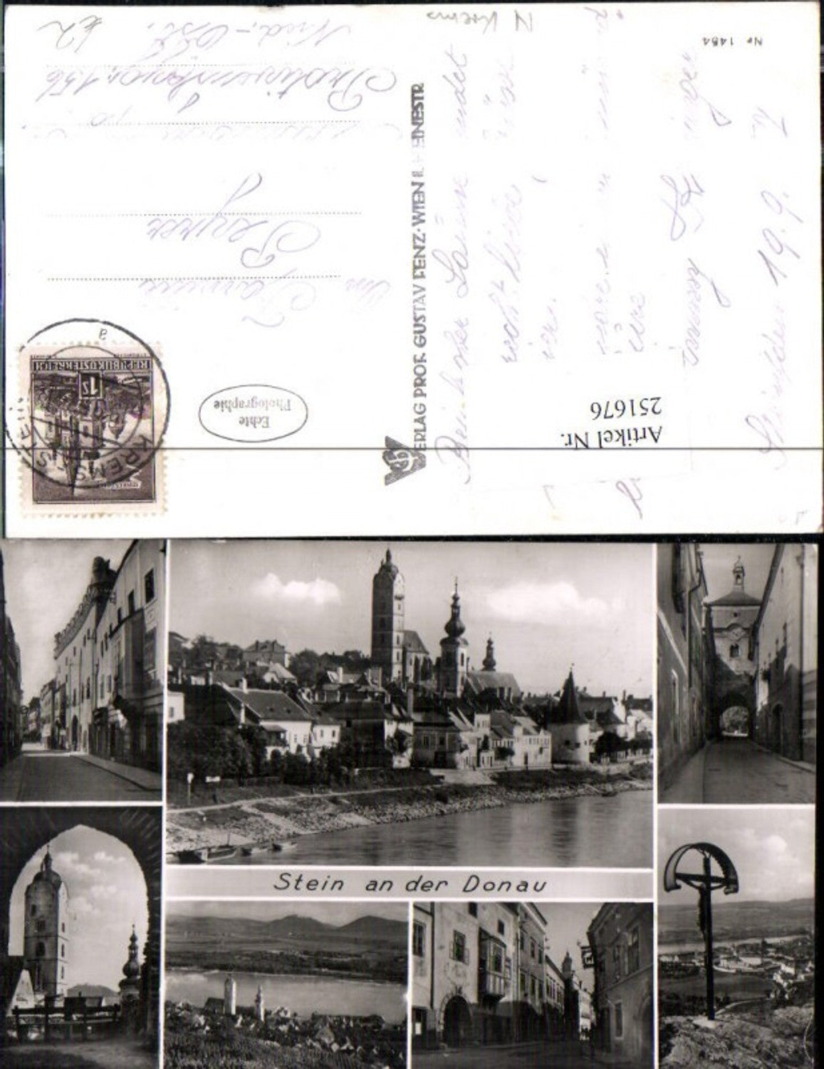 251676,Stein an d. Donau Totale Straßenansichten Kirchenturm Wegkreuz Mehrbildkarte