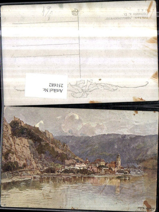 251682,Künstler AK Fritz Lach Nibelungenweg Dürnstein an d. Donau Totale m. Ruine pub Kilophot