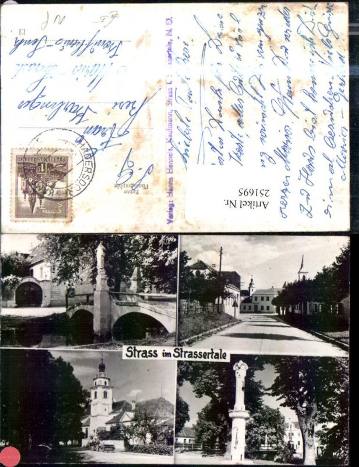 251695,Straß im Straßertale Straßenansicht Kirche Brücke Säule Mehrbildkarte