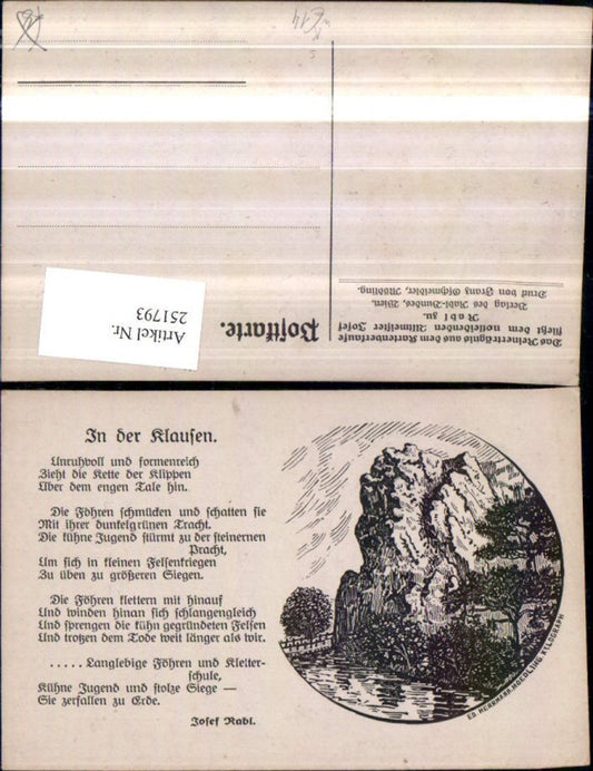251793,Künstler AK Ed. Herrmann In der Klausen Partie Felsen Gedicht Text Reinerträgnis fließt d. Notleidenden Josef