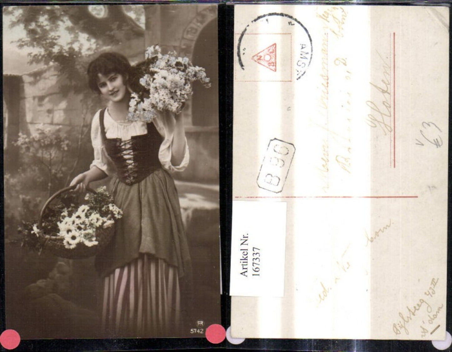 167337,Frau m. Körben Blumen Blumenkörben Tracht pub RPH 5742/6