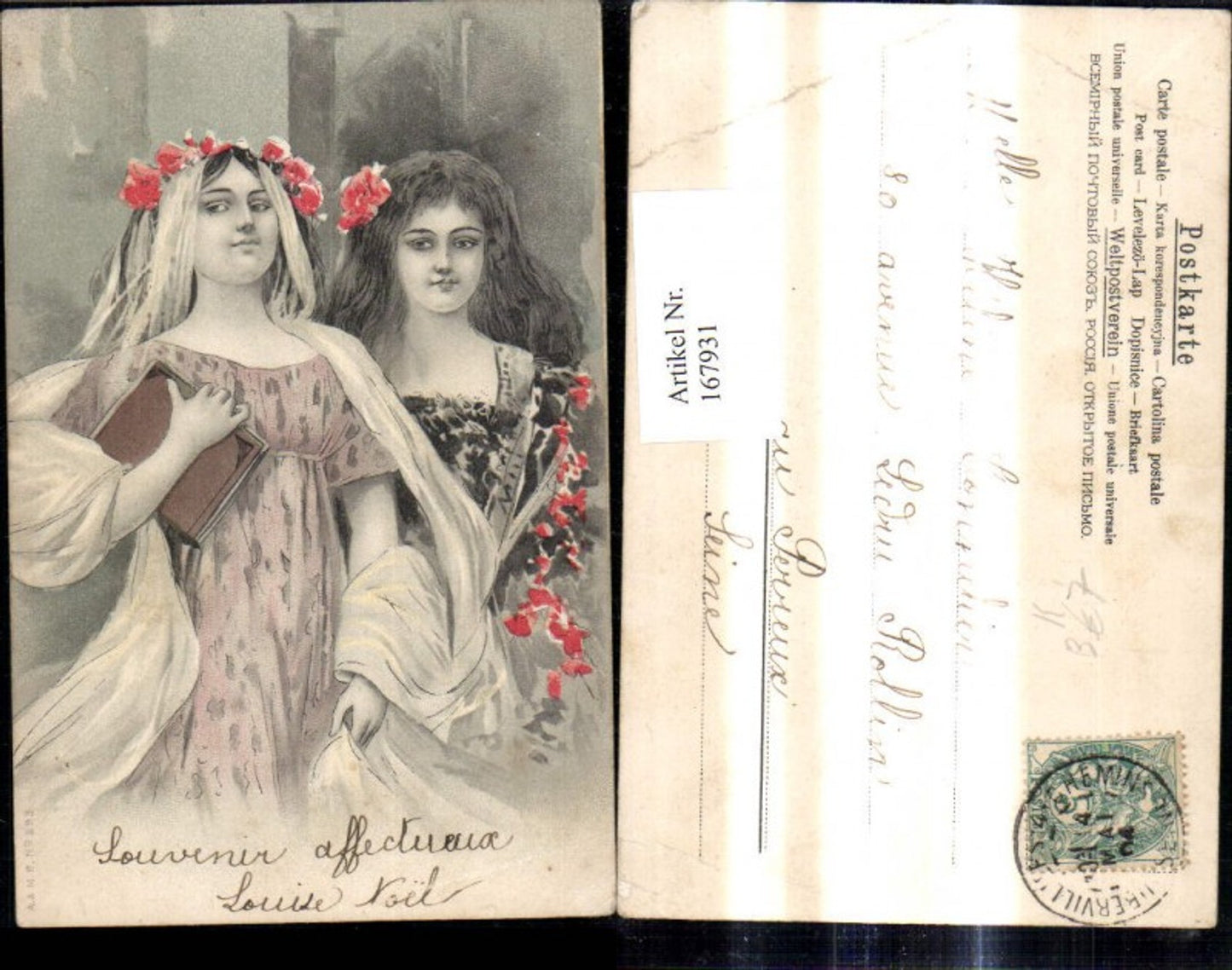 167931,Künstler Ak Jugendstil Art nouveau Frauen Mädchen Buch Blumen i. Haar