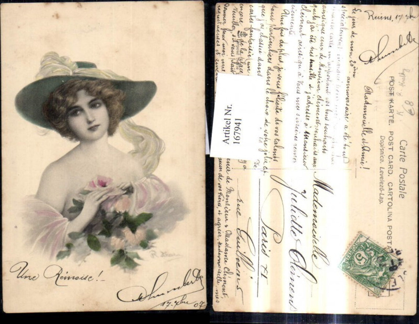 167941, Artist Ak R. Kratky Art Nouveau Woman Hat Fashion Roses Flowers