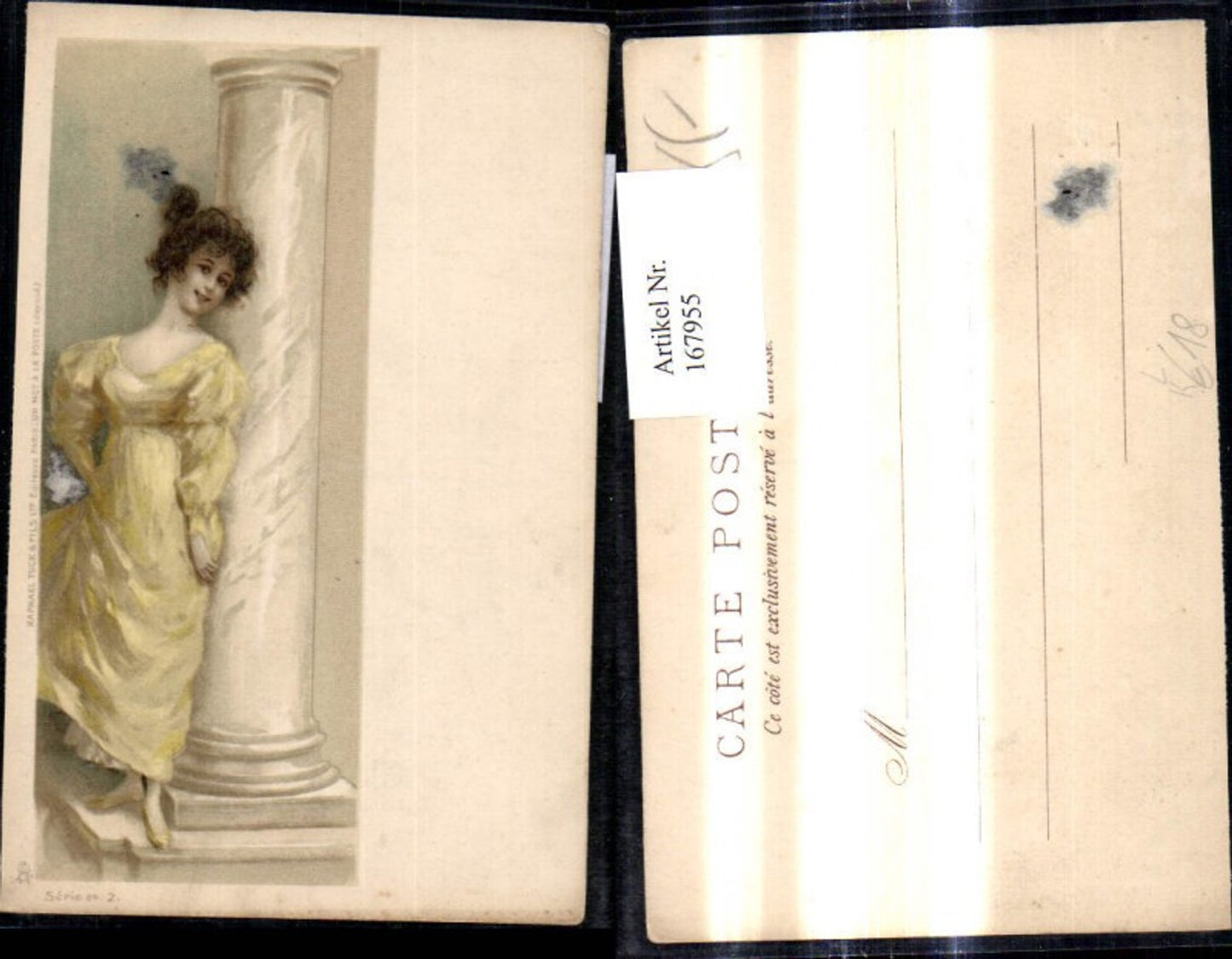 167955,Künstler Litho Jugendstil Art nouveau Frau Kleid Federschmuck i. Haar b. Säule