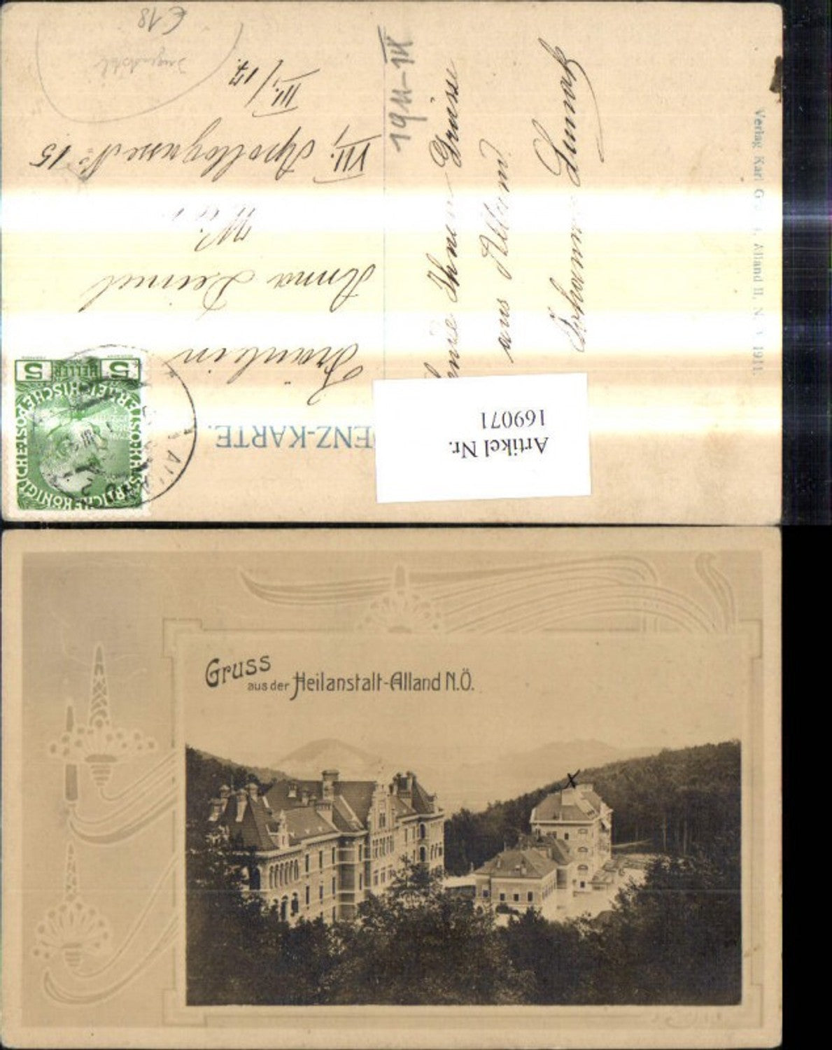 169071,Jugendstil Art nouveau Gruß a. d. Heilanstalt Alland Passepartout Ornament
