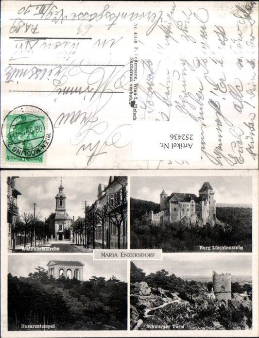 252436,Maria Enzersdorf Kirche Husarentempel Schwarzer Turm u. Burg Liechtenstein Mehrbildkarte