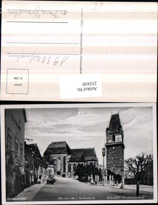 252450,Perchtoldsdorf Rathauskeller Pfarrkriche u. Türkenturm Pestsäule
