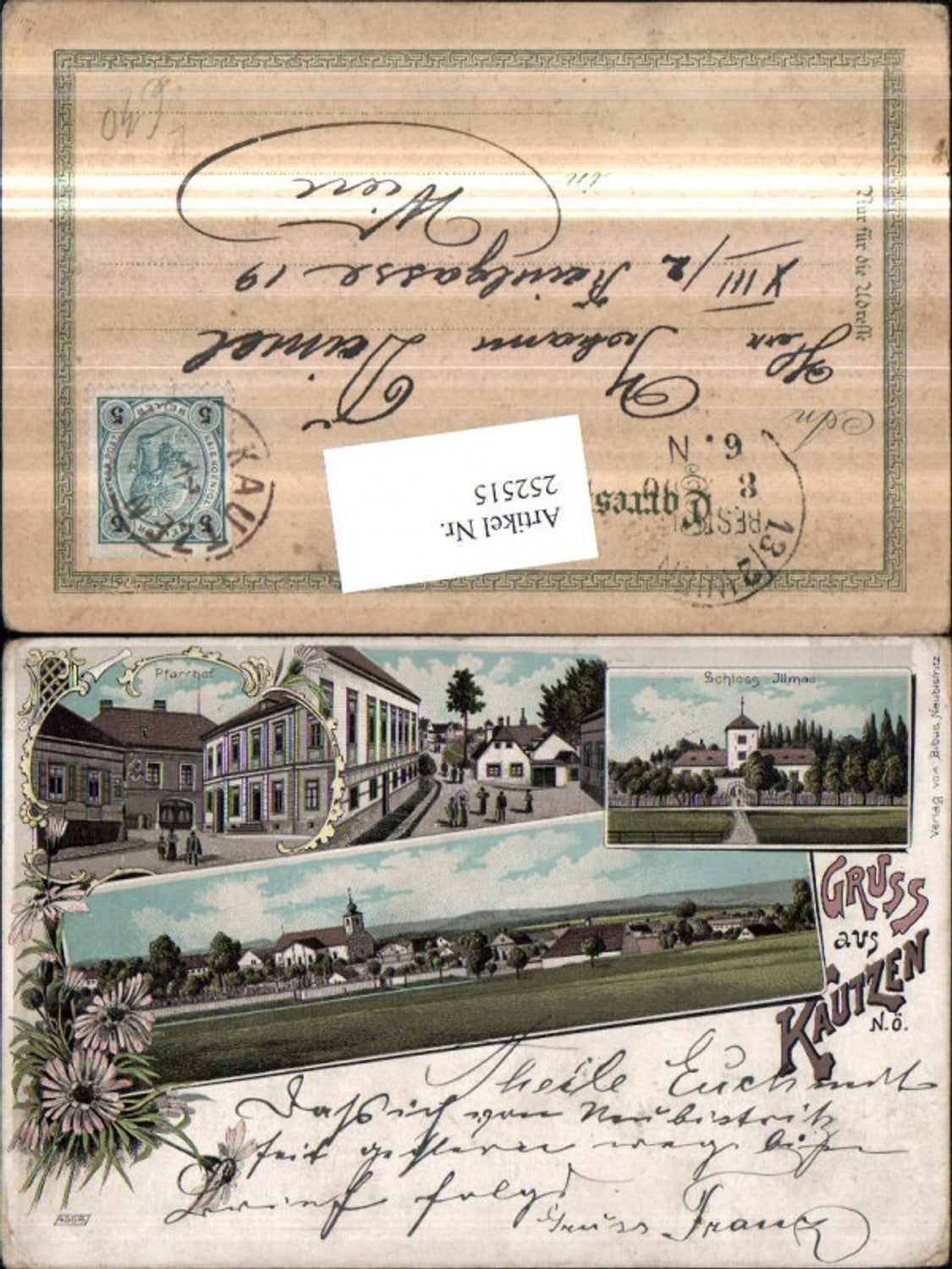 252515,Litho AK Gruß aus Kautzen Totale Kirche Pfarrhof Straßenansicht Schloss Illmau Mehrbildkarte