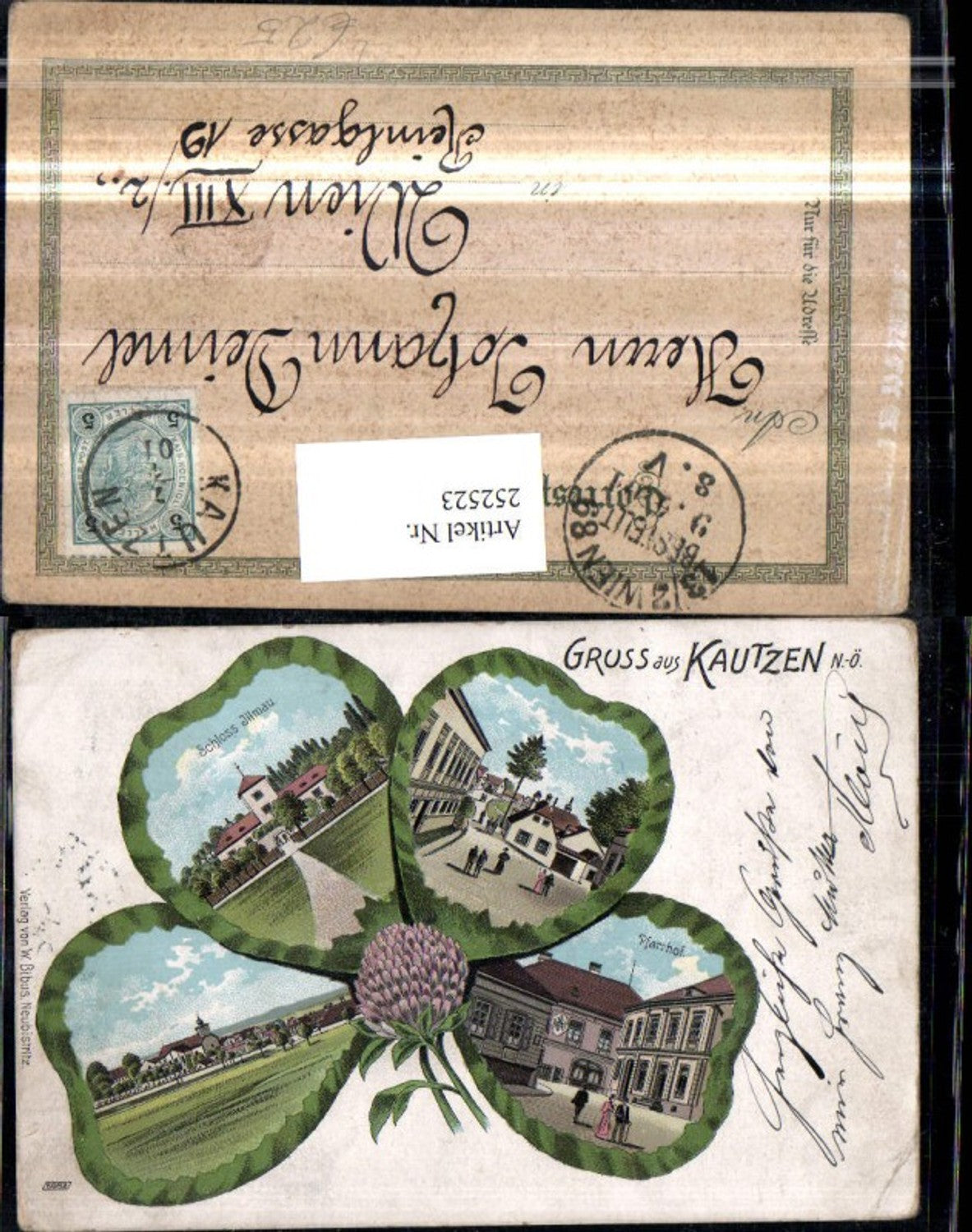 252523,Litho AK Gruß aus Kautzen Kirche Pfarrhof Straßenansicht Schloss Illmau Mehrbildkarte Passepartout Kleeblatt