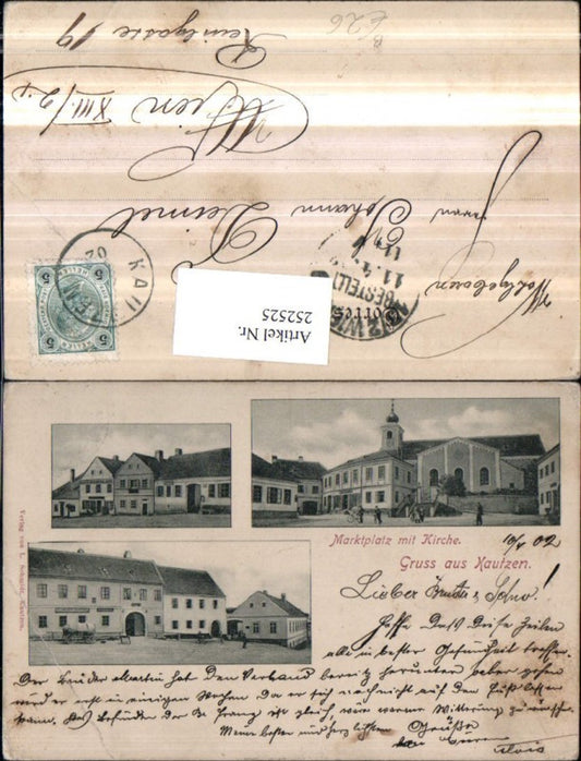 252525,Gruß aus Kautzen Marktplatz m. Kirche Mehlniederlage Straßenansicht Mehrbildkarte