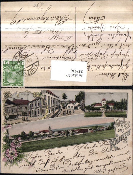 252536,Litho AK Gruß aus Kautzen Totale Kirche Pfarrhof Straßenansicht Schloss Illmau Mehrbildkarte
