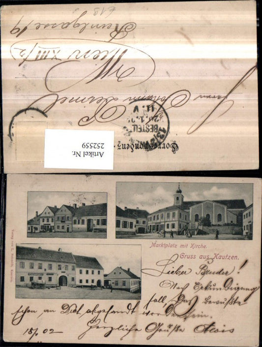 252559,Gruß aus Kautzen Marktplatz m. Kirche Mehlniederlage Straßenansicht Mehrbildkarte