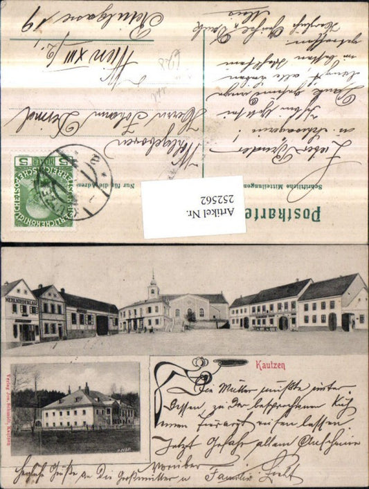 252562,Jugendstil Kautzen Marktplatz Kirche Mehlniederlage Fabrik Weberei Mehrbildkarte