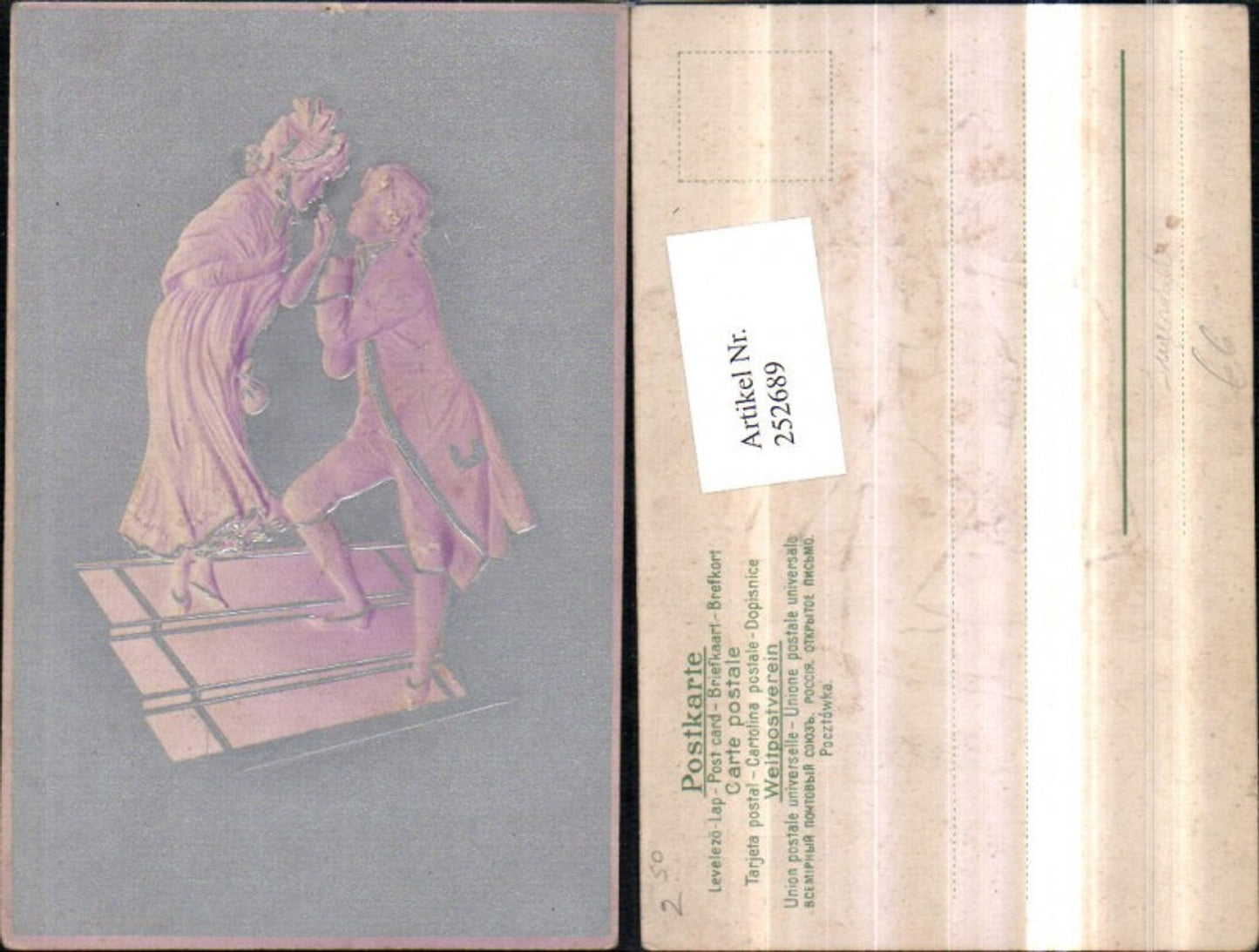 252689,Künstler Präge Relief AK Jugendstil Mann u. Frau Kleid Haube
