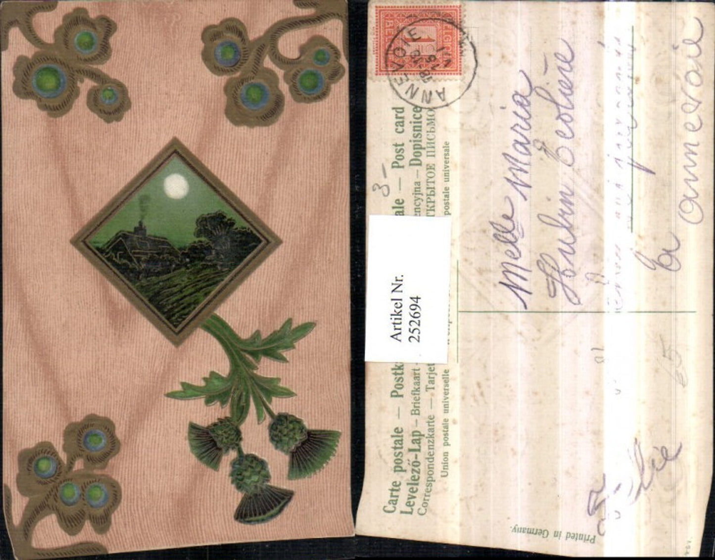 252694,Künstler Präge AK Landschaft Haus Mondschein Passepartout Blumen