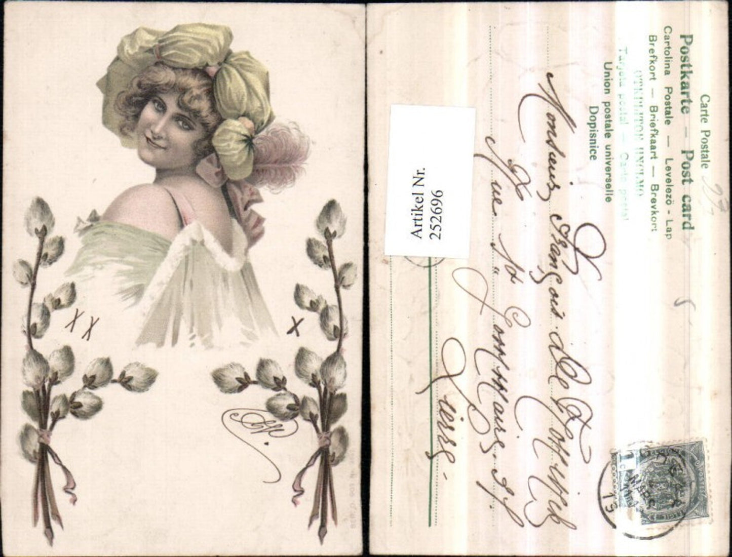 252696,Künstler Präge Litho AK Frau m. Hut Hutmode Feder Portrait Palmkätzchen Palmzweige