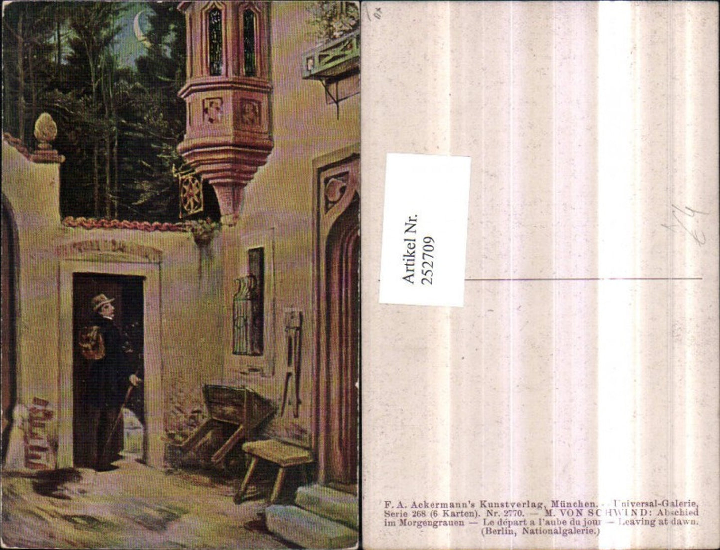 252709,Künstler AK M. Von Schwind Abschied im Morgengrauen Mann m. Hut Rucksack Erker pub F. A. Ackermann 268/2770