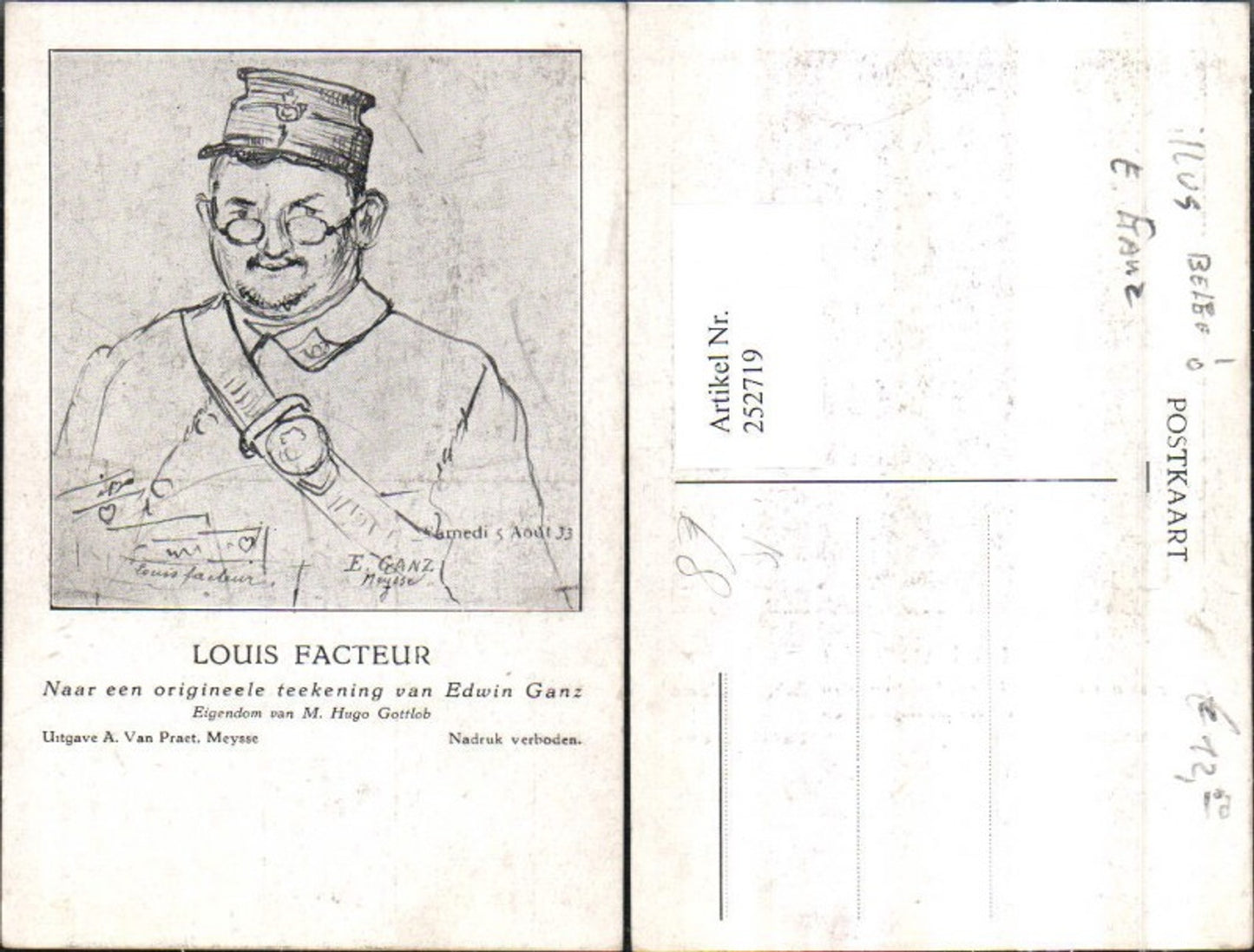 252719,Künstler AK Edwin Ganz Louis Facteur Man in Uniform Mütze Brille Portrait