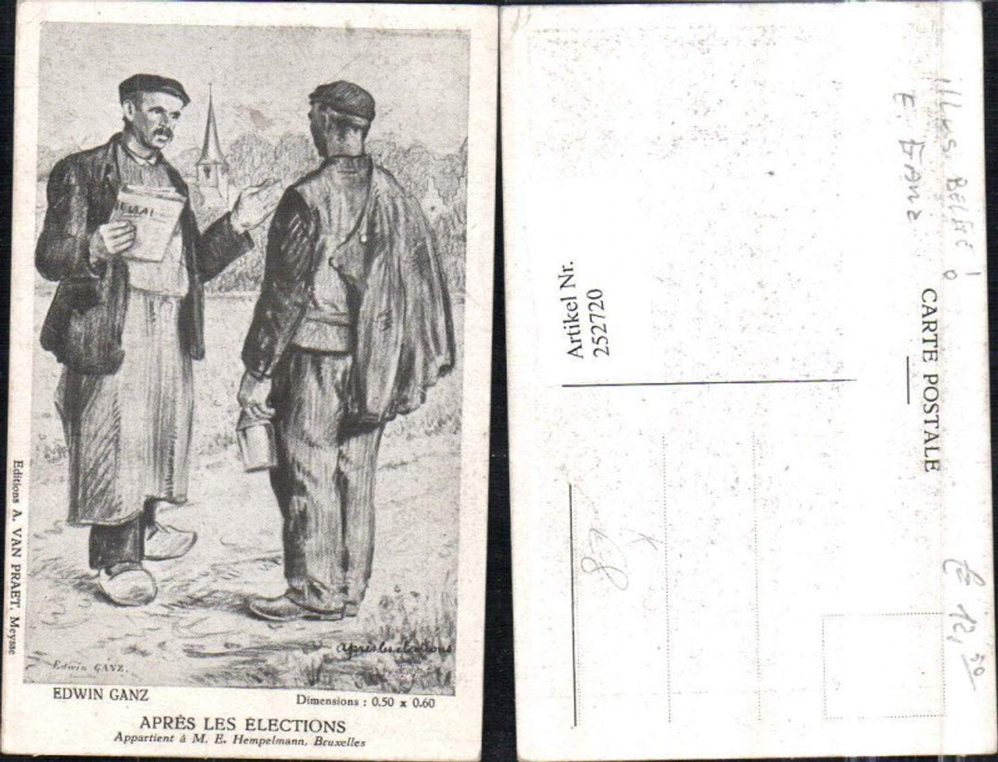 252720,Künstler AK Edwin Ganz Apres les Elections Männer m. Mützen Zeitung Mantel Pantoffeln Kirchenturm