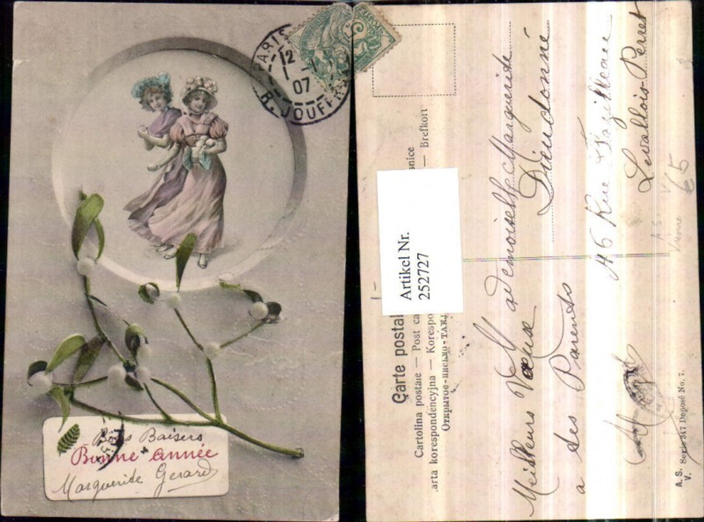 252727,Künstler AK Frauen m. Kleider Hut Hutmode Muff Passepartout Mistelzweig pub A. s. Viene 347/7