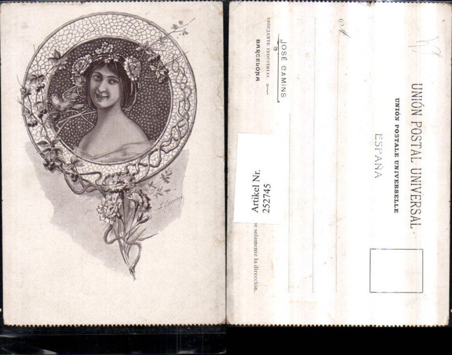 252745,Künstler AK Lamins Frau m. Haarschmuck Blumen Portrait Passepartout Zweige Beeren Vogel Kornblumen